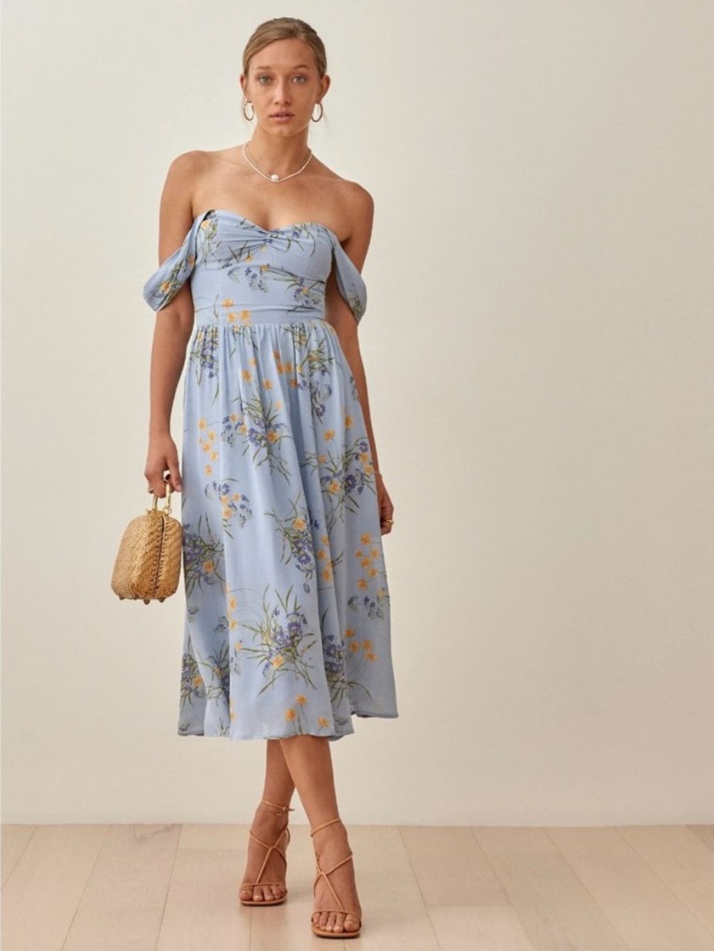 NEW Reformation Violet Dress in Lazio Floral Off-Shoulder Midi Dress Light Blue